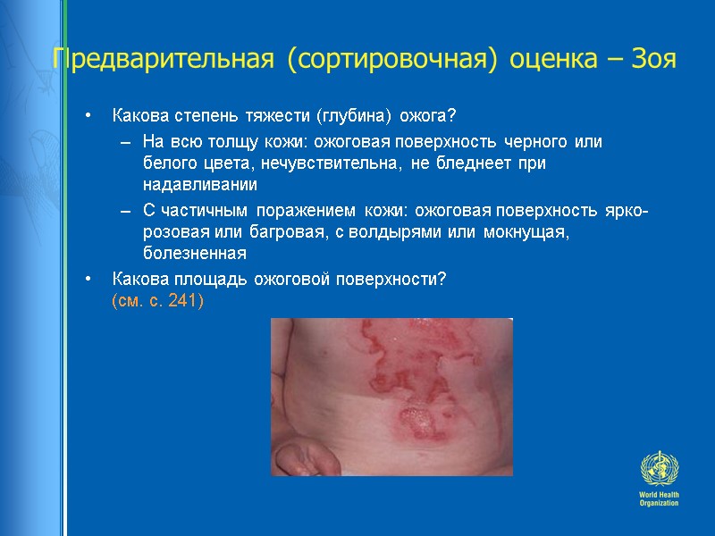 Предварительная (сортировочная) оценка – Зоя Какова степень тяжести (глубина) ожога? На всю толщу кожи: